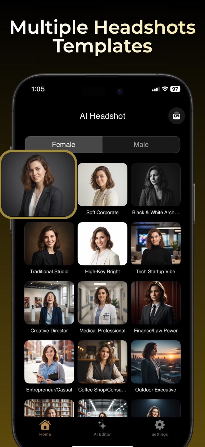 Headshot app style picker with Soft Corporate, Traditional Studio, and Tech Startup Vibe templates