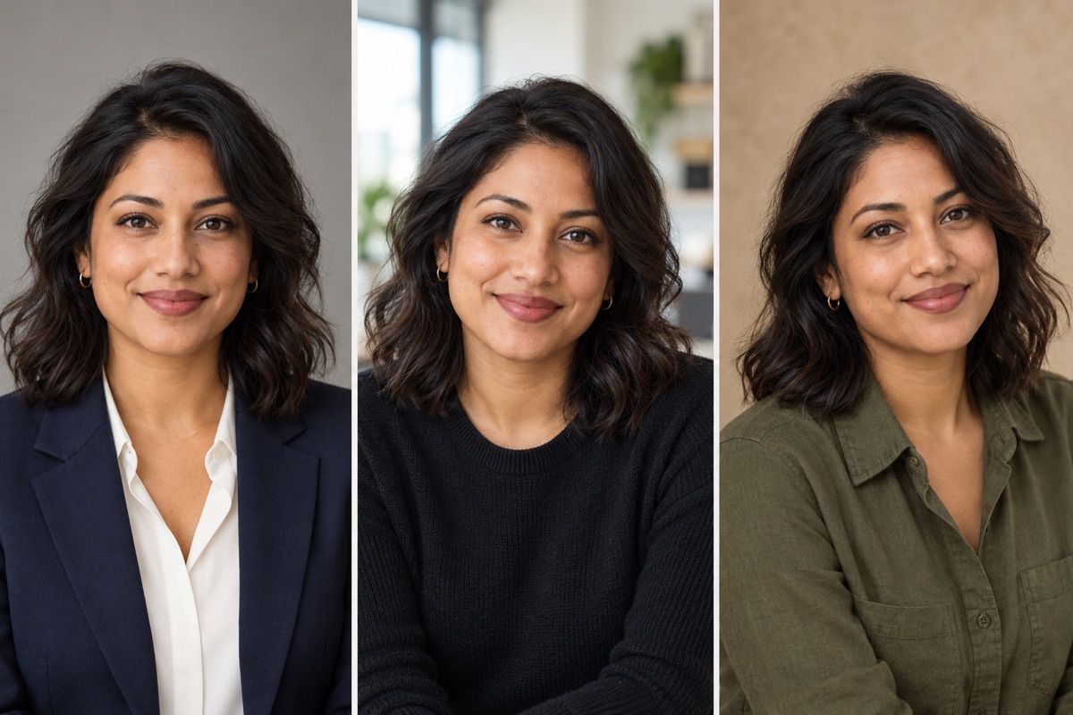 Illustrative AI portraits of the same fictional woman in a navy blazer, dark knit top, and olive overshirt against three professional backgrounds
